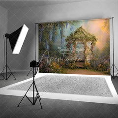 Aperturee - Aperturee Enchanted Garden Gazebo Photography Backdrop with Lush Wisteria and Colorful Spring Flowers Romantic Fairytale Scene