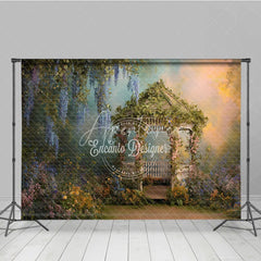 Aperturee - Aperturee Enchanted Garden Gazebo Photography Backdrop with Lush Wisteria and Colorful Spring Flowers Romantic Fairytale Scene