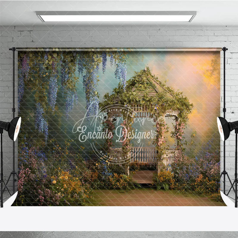 Aperturee - Aperturee Enchanted Garden Gazebo Photography Backdrop with Lush Wisteria and Colorful Spring Flowers Romantic Fairytale Scene