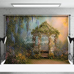 Aperturee - Aperturee Enchanted Garden Gazebo Photography Backdrop with Lush Wisteria and Colorful Spring Flowers Romantic Fairytale Scene