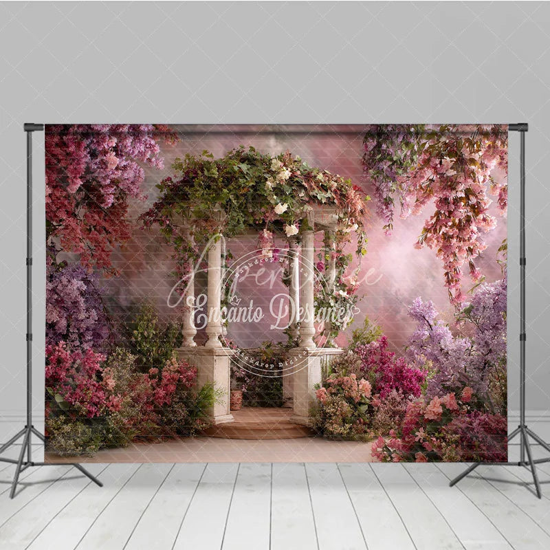 Aperturee - Aperturee Enchanted Garden Gazebo Photography Backdrop with Pink and Purple Wisteria Flowers Spring Summer Theme for Portraits