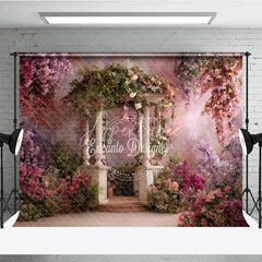 Aperturee - Aperturee Enchanted Garden Gazebo Photography Backdrop with Pink and Purple Wisteria Flowers Spring Summer Theme for Portraits