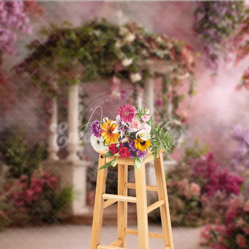 Aperturee - Aperturee Enchanted Garden Gazebo Photography Backdrop with Pink and Purple Wisteria Flowers Spring Summer Theme for Portraits