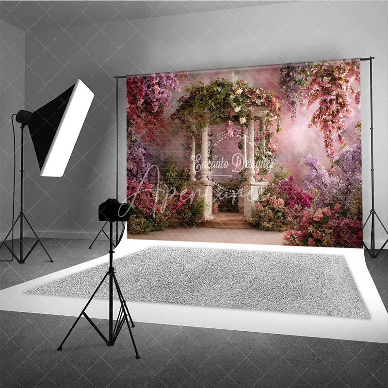Aperturee - Aperturee Enchanted Garden Gazebo Photography Backdrop with Pink and Purple Wisteria Flowers Spring Summer Theme for Portraits