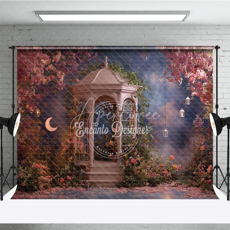 Aperturee - Aperturee Enchanted Garden Gazebo Photography Backdrop with Pink Flowers Crescent Moon and Lanterns Romantic Fairy Tale
