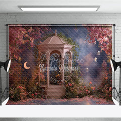 Aperturee - Aperturee Enchanted Garden Gazebo Photography Backdrop with Pink Flowers Crescent Moon and Lanterns Romantic Fairy Tale
