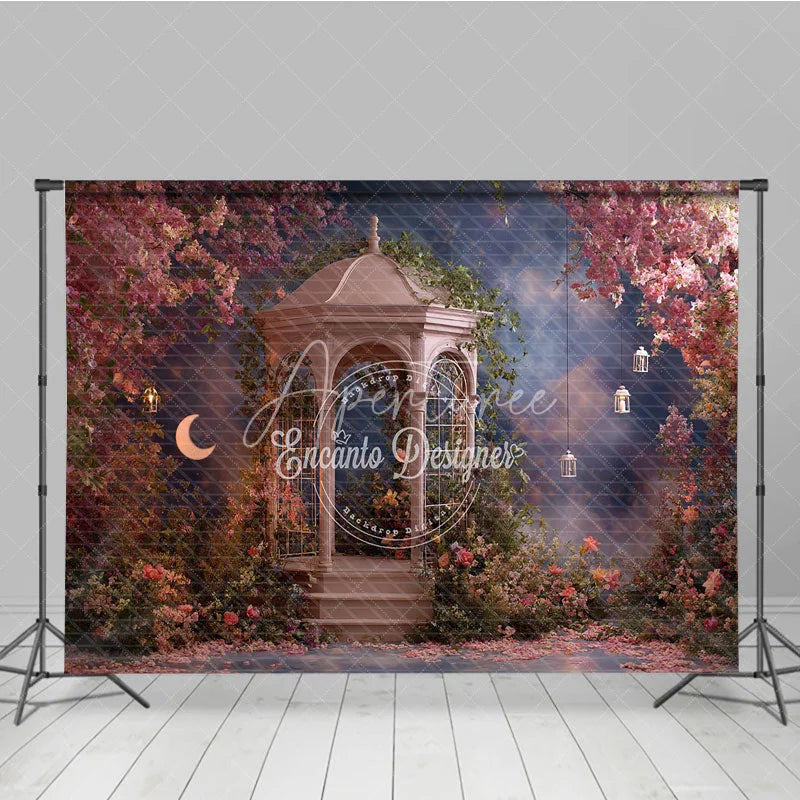 Aperturee - Aperturee Enchanted Garden Gazebo Photography Backdrop with Pink Flowers Crescent Moon and Lanterns Romantic Fairy Tale