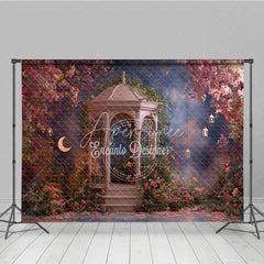 Aperturee - Aperturee Enchanted Garden Gazebo Photography Backdrop with Pink Flowers Crescent Moon and Lanterns Romantic Fairy Tale
