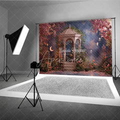 Aperturee - Aperturee Enchanted Garden Gazebo Photography Backdrop with Pink Flowers Crescent Moon and Lanterns Romantic Fairy Tale