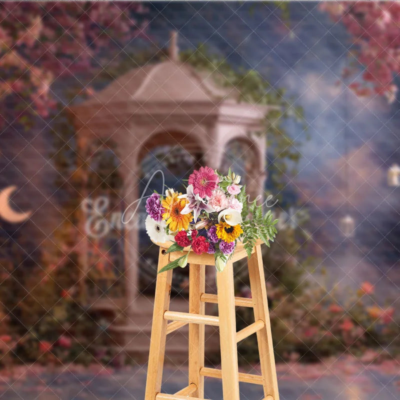 Aperturee - Aperturee Enchanted Garden Gazebo Photography Backdrop with Pink Flowers Crescent Moon and Lanterns Romantic Fairy Tale