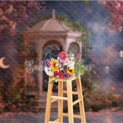 Aperturee - Aperturee Enchanted Garden Gazebo Photography Backdrop with Pink Flowers Crescent Moon and Lanterns Romantic Fairy Tale