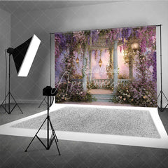 Aperturee - Aperturee Enchanted Garden Gazebo Photography Backdrop with Wisteria and Pink Flowers Dreamy Pastel Sky
