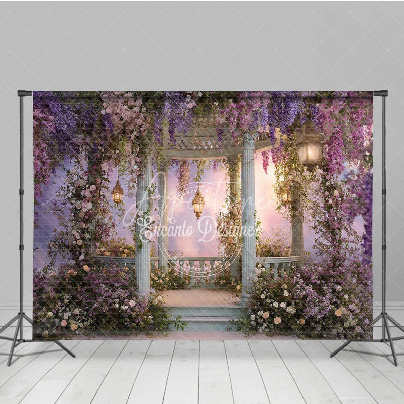 Aperturee - Aperturee Enchanted Garden Gazebo Photography Backdrop with Wisteria and Pink Flowers Dreamy Pastel Sky