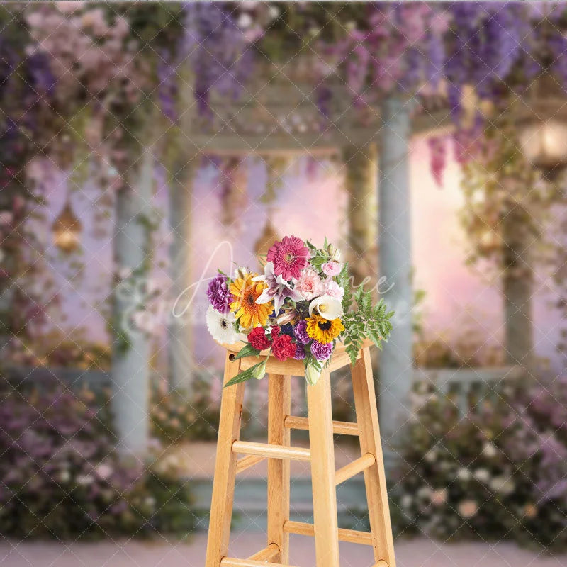 Aperturee - Aperturee Enchanted Garden Gazebo Photography Backdrop with Wisteria and Pink Flowers Dreamy Pastel Sky