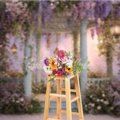 Aperturee - Aperturee Enchanted Garden Gazebo Photography Backdrop with Wisteria and Pink Flowers Dreamy Pastel Sky