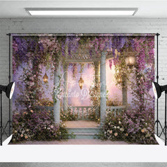 Aperturee - Aperturee Enchanted Garden Gazebo Photography Backdrop with Wisteria and Pink Flowers Dreamy Pastel Sky