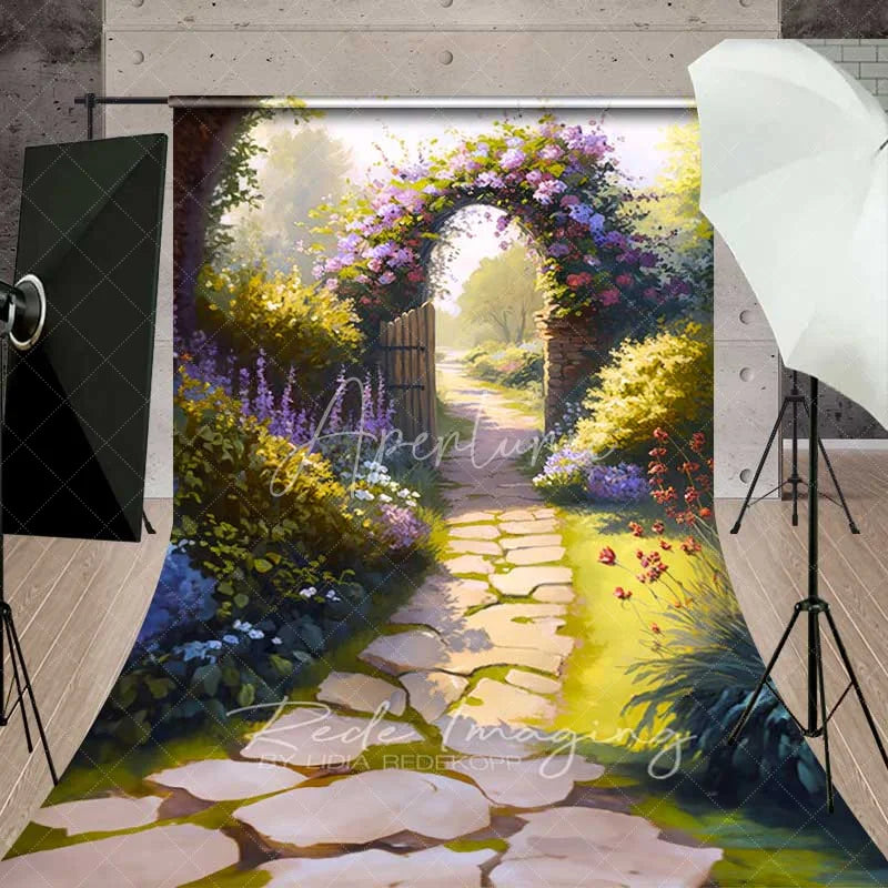 Aperturee - Aperturee Enchanted Garden Path Sweep Backdrop Floral Archway Spring Flowers Photography Background Wedding Party Decor