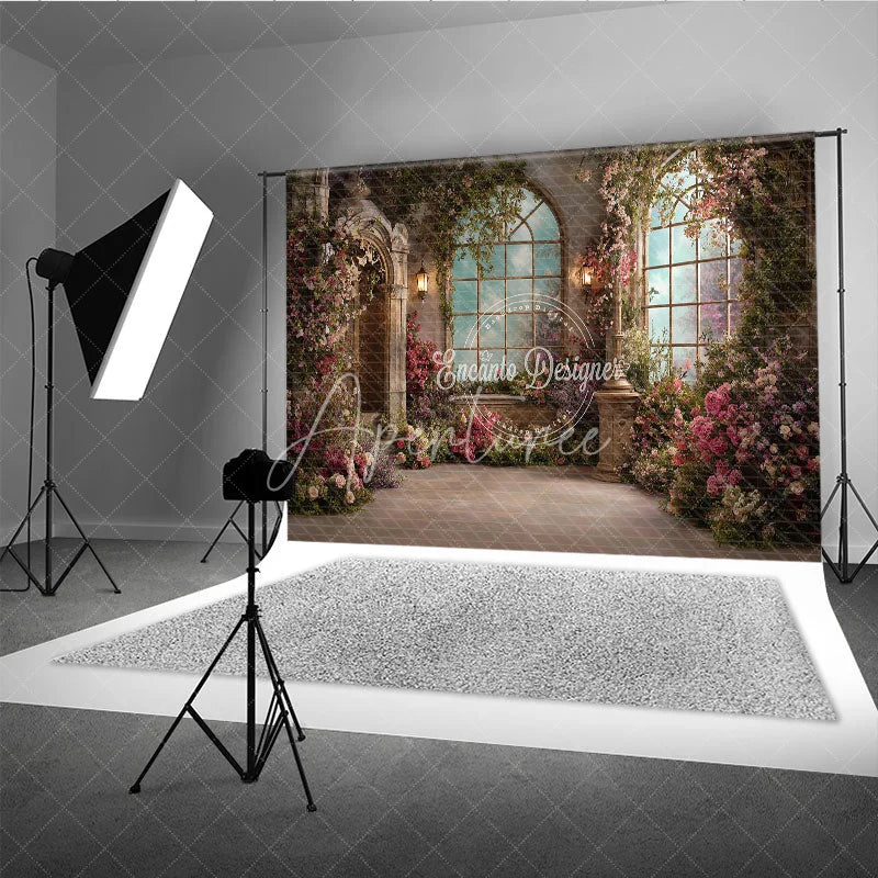 Aperturee - Aperturee Enchanted Garden Photography Backdrop with Arched Windows Blooming Pink Flowers Green Vines Elegant Stone Architecture