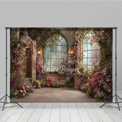 Aperturee - Aperturee Enchanted Garden Photography Backdrop with Arched Windows Blooming Pink Flowers Green Vines Elegant Stone Architecture