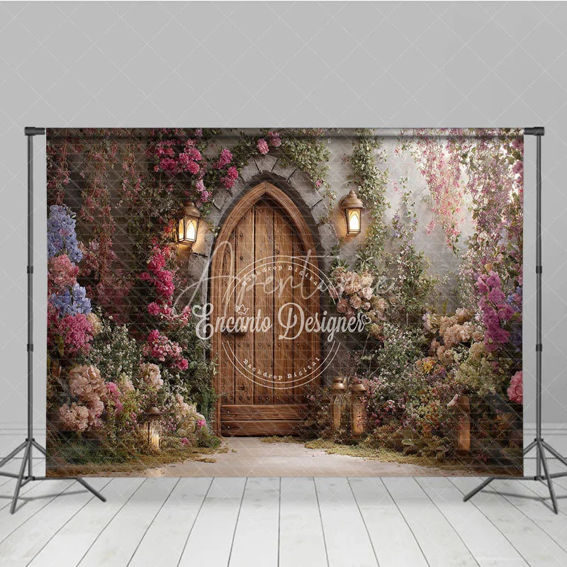 Aperturee - Aperturee Enchanted Garden Photography Backdrop with Arched Wooden Door Lush Flowers and Lanterns for Fairy Tale Theme