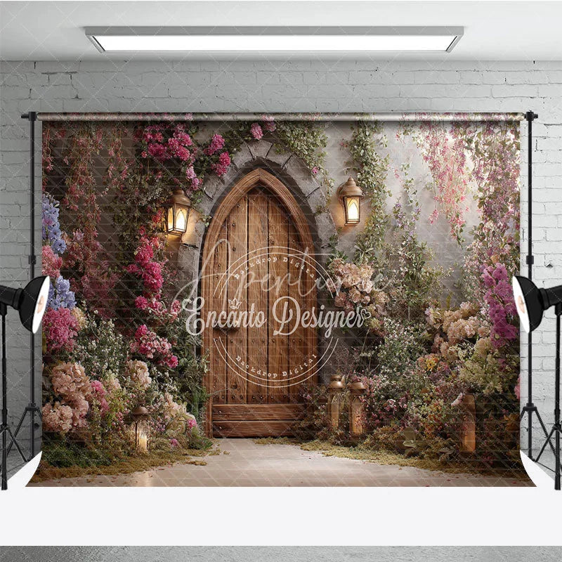 Aperturee - Aperturee Enchanted Garden Photography Backdrop with Arched Wooden Door Lush Flowers and Lanterns for Fairy Tale Theme