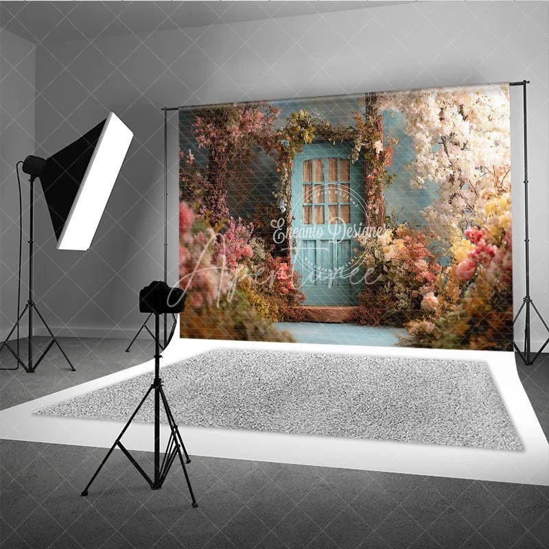 Aperturee - Aperturee Enchanted Garden Photography Backdrop with Light Blue Door and Pink White Flowers Spring Fairy Tale Theme