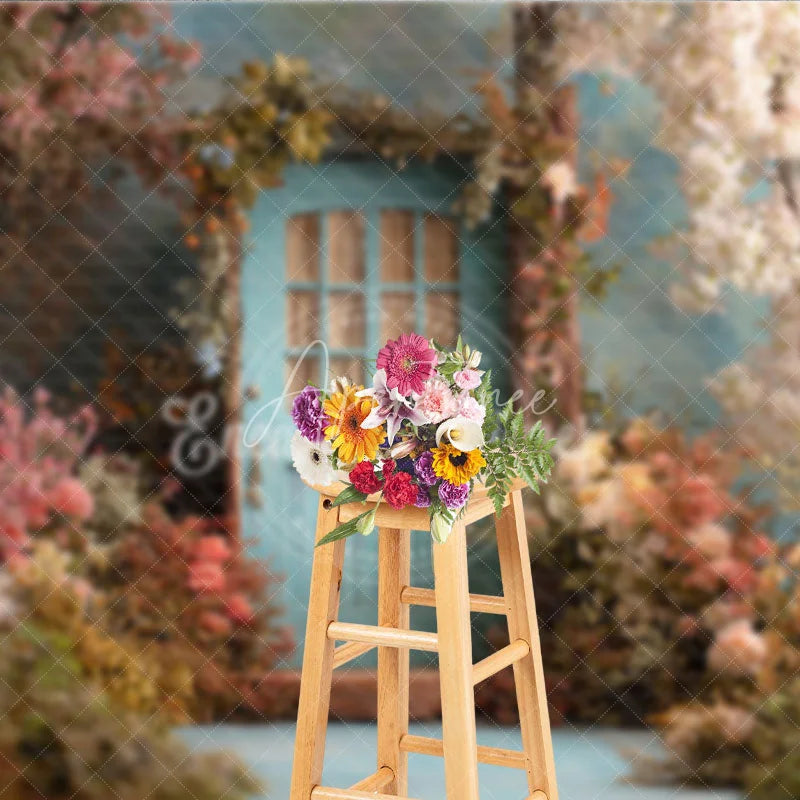 Aperturee - Aperturee Enchanted Garden Photography Backdrop with Light Blue Door and Pink White Flowers Spring Fairy Tale Theme