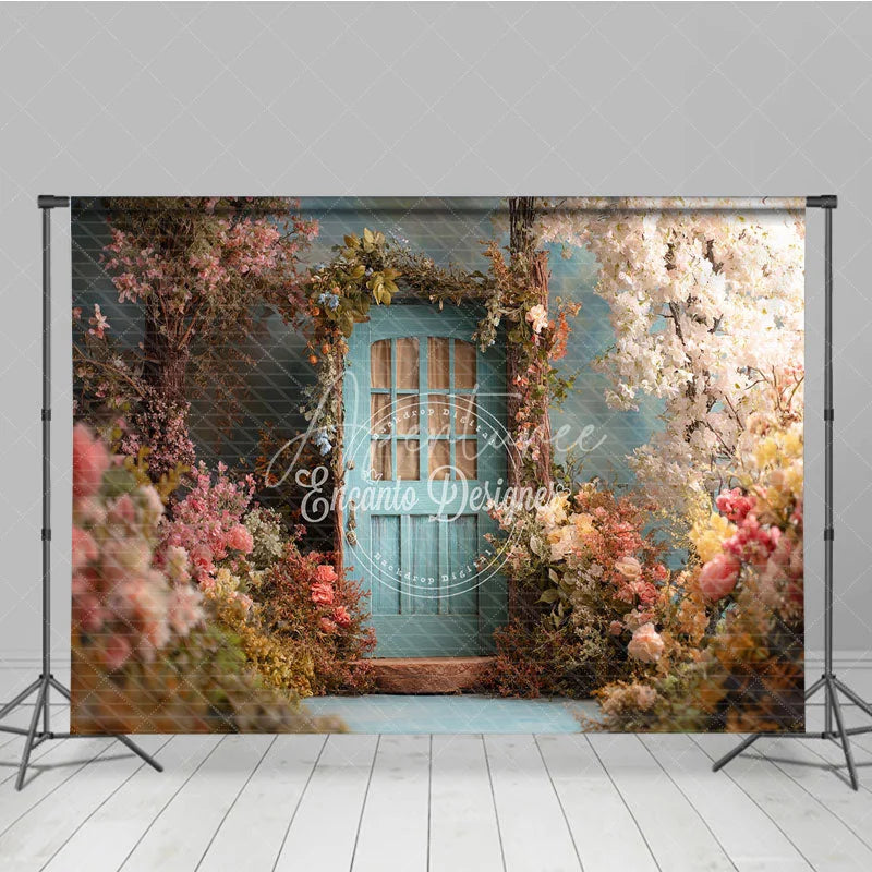 Aperturee - Aperturee Enchanted Garden Photography Backdrop with Light Blue Door and Pink White Flowers Spring Fairy Tale Theme