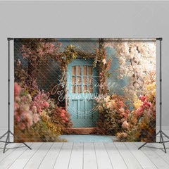 Aperturee - Aperturee Enchanted Garden Photography Backdrop with Light Blue Door and Pink White Flowers Spring Fairy Tale Theme