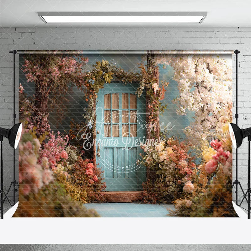 Aperturee - Aperturee Enchanted Garden Photography Backdrop with Light Blue Door and Pink White Flowers Spring Fairy Tale Theme