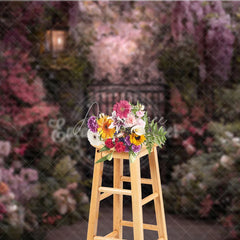 Aperturee - Aperturee Enchanted Garden Photography Backdrop with Ornate Iron Gate Blooming Pink Purple Flowers and Vintage Lantern