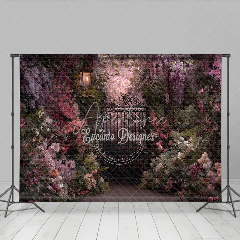 Aperturee - Aperturee Enchanted Garden Photography Backdrop with Ornate Iron Gate Blooming Pink Purple Flowers and Vintage Lantern