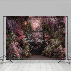 Aperturee - Aperturee Enchanted Garden Photography Backdrop with Ornate Iron Gate Blooming Pink Purple Flowers and Vintage Lantern