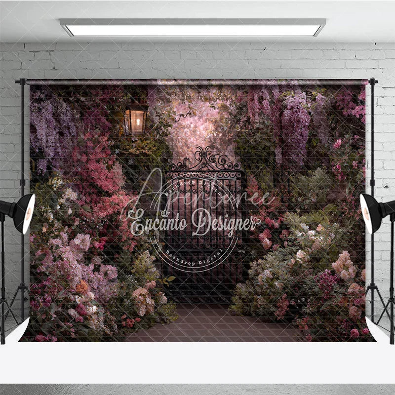 Aperturee - Aperturee Enchanted Garden Photography Backdrop with Ornate Iron Gate Blooming Pink Purple Flowers and Vintage Lantern