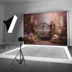 Aperturee - Aperturee Enchanted Garden Photography Backdrop with Ornate Iron Gate Pink Flowers and Lush Greenery for Romantic Portraits