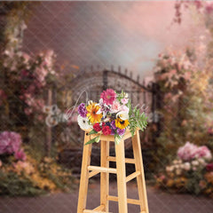 Aperturee - Aperturee Enchanted Garden Photography Backdrop with Ornate Iron Gate Pink Flowers and Lush Greenery for Romantic Portraits