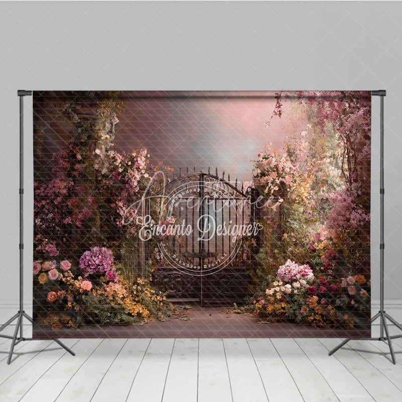 Aperturee - Aperturee Enchanted Garden Photography Backdrop with Ornate Iron Gate Pink Flowers and Lush Greenery for Romantic Portraits