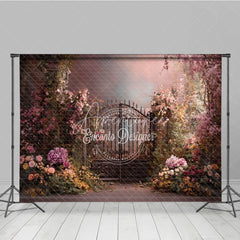 Aperturee - Aperturee Enchanted Garden Photography Backdrop with Ornate Iron Gate Pink Flowers and Lush Greenery for Romantic Portraits