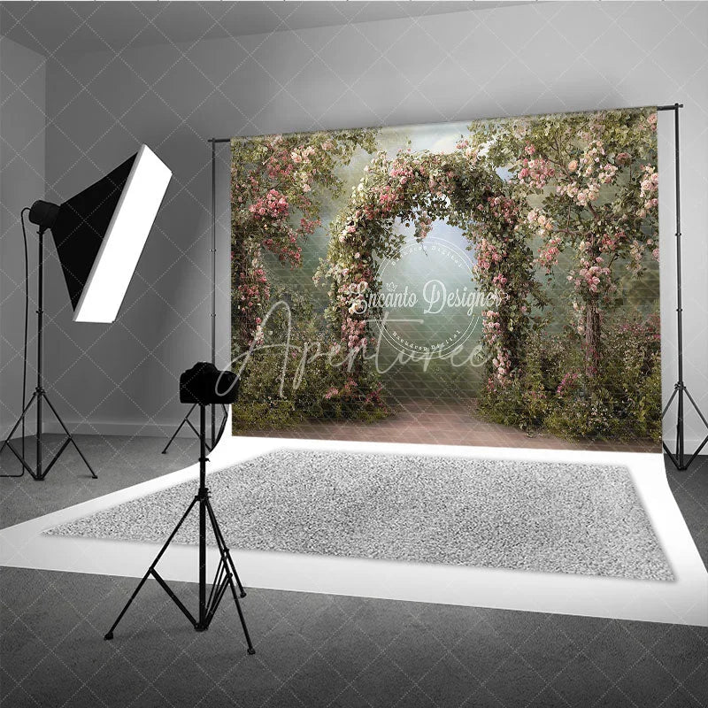 Aperturee - Aperturee Enchanted Garden Photography Backdrop with Pink Roses and Floral Arch Romantic Wedding Baby Shower Decor