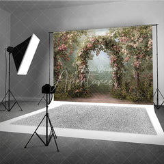 Aperturee - Aperturee Enchanted Garden Photography Backdrop with Pink Roses and Floral Arch Romantic Wedding Baby Shower Decor