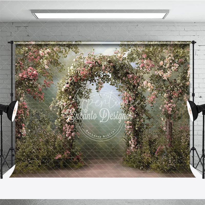 Aperturee - Aperturee Enchanted Garden Photography Backdrop with Pink Roses and Floral Arch Romantic Wedding Baby Shower Decor