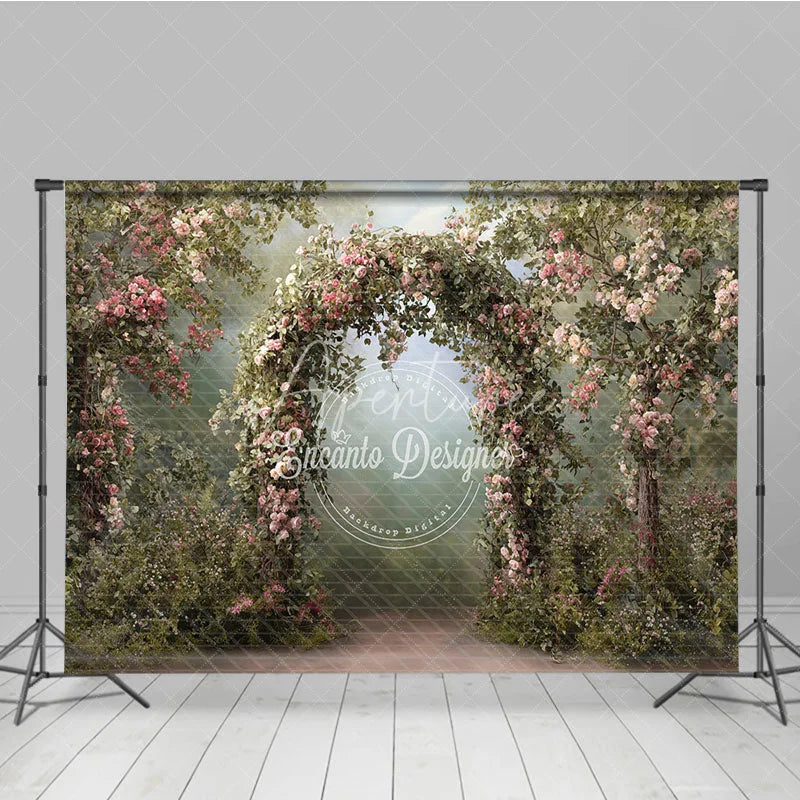 Aperturee - Aperturee Enchanted Garden Photography Backdrop with Pink Roses and Floral Arch Romantic Wedding Baby Shower Decor