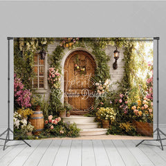 Aperturee - Aperturee Enchanted Garden Photography Backdrop with Rustic Wooden Door Lush Greenery and Colorful Flowers for Spring Portraits