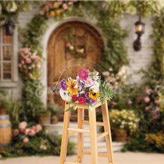 Aperturee - Aperturee Enchanted Garden Photography Backdrop with Rustic Wooden Door Lush Greenery and Colorful Flowers for Spring Portraits