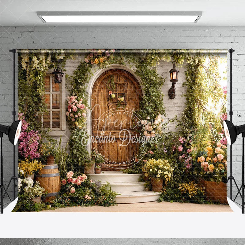Aperturee - Aperturee Enchanted Garden Photography Backdrop with Rustic Wooden Door Lush Greenery and Colorful Flowers for Spring Portraits