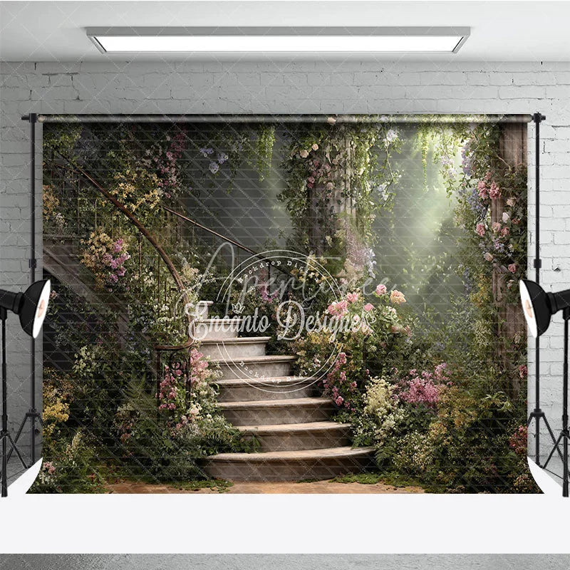Aperturee - Aperturee Enchanted Garden Photography Backdrop with Winding Stone Staircase Lush Flowers and Magical Sunlight