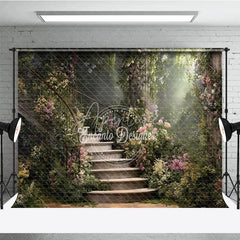 Aperturee - Aperturee Enchanted Garden Photography Backdrop with Winding Stone Staircase Lush Flowers and Magical Sunlight