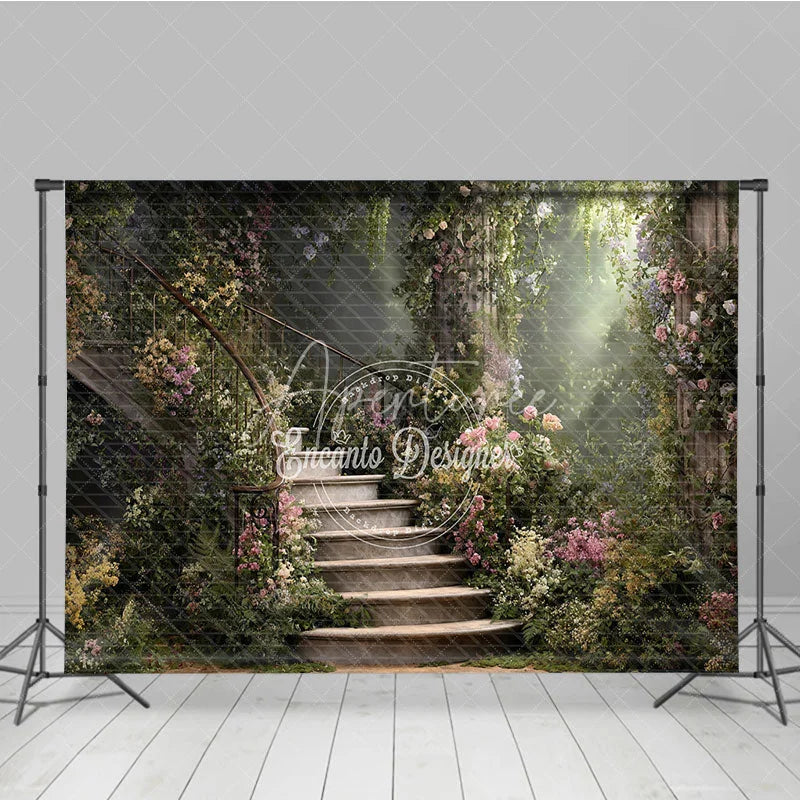 Aperturee - Aperturee Enchanted Garden Photography Backdrop with Winding Stone Staircase Lush Flowers and Magical Sunlight