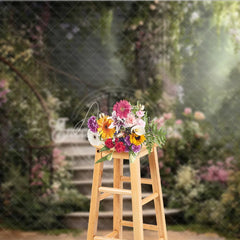 Aperturee - Aperturee Enchanted Garden Photography Backdrop with Winding Stone Staircase Lush Flowers and Magical Sunlight