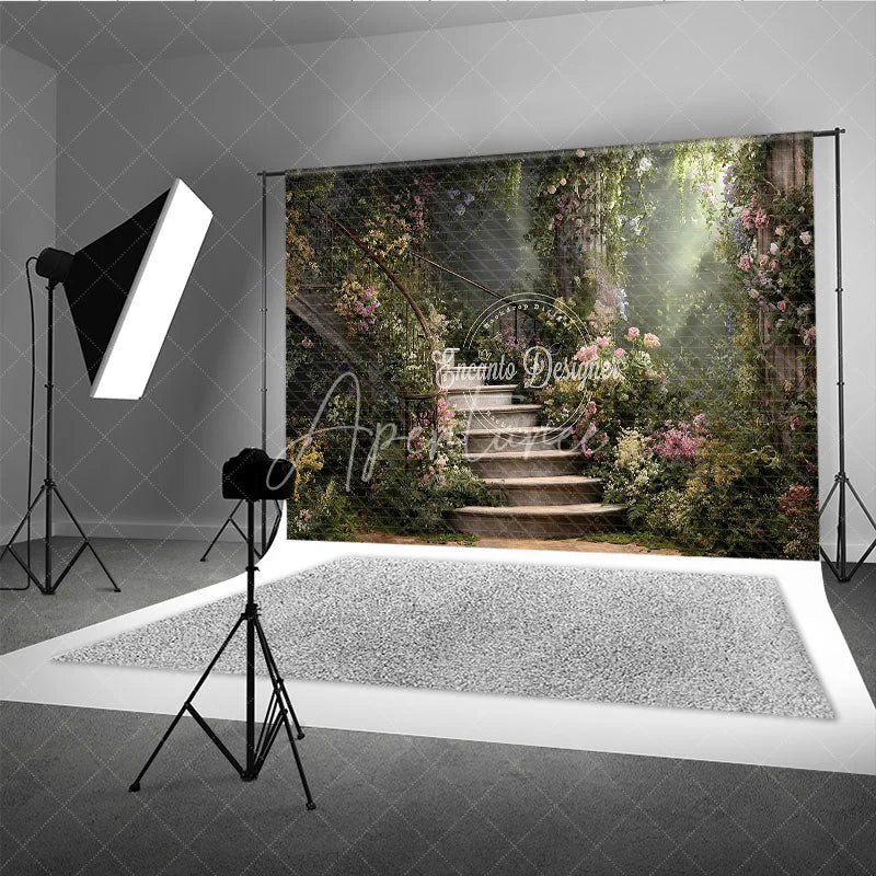 Aperturee - Aperturee Enchanted Garden Photography Backdrop with Winding Stone Staircase Lush Flowers and Magical Sunlight